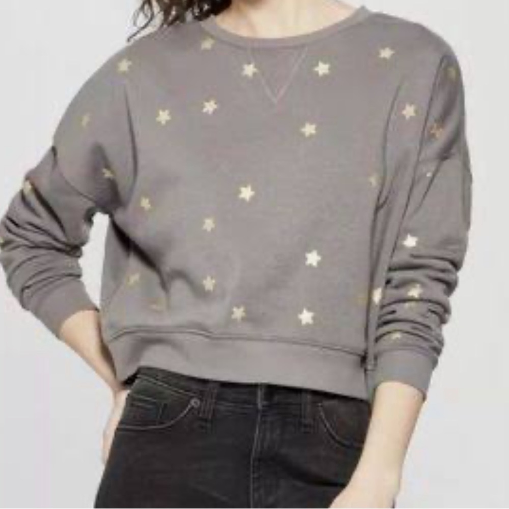 Fifth Sun Gray Gold Stars Crew Neck Cropped Sweatshirt Top XS